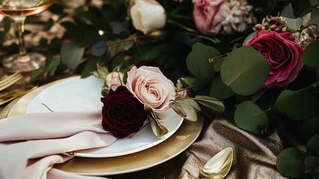 Stół ślubny i uroczystościowy krajobraz z kwiatami formalny stół obiadowy z różami i winem elegancki dekoracja stołu kwiatowy na przyjęcie wieczorne i dekorację wakacyjną stylizacja domu