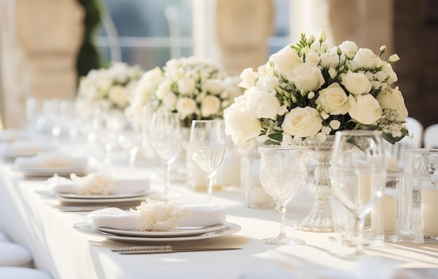 Stół ślubny ozdobiony białymi różami i świecami