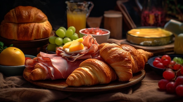 Stół śniadaniowy z wyborem potraw, w tym rogalikiem, winogronami i sokiem pomarańczowym.