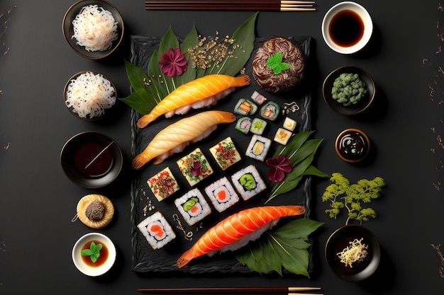 Stół sushi California roll unagi czarny smok i świeże składniki są pokazane na czarnym tle menu sushi kuchni japońskiej