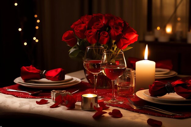 Stół urządzony na romantyczną kolację z dwoma szklankami szampana, bukietem czerwonych róż lub świecą