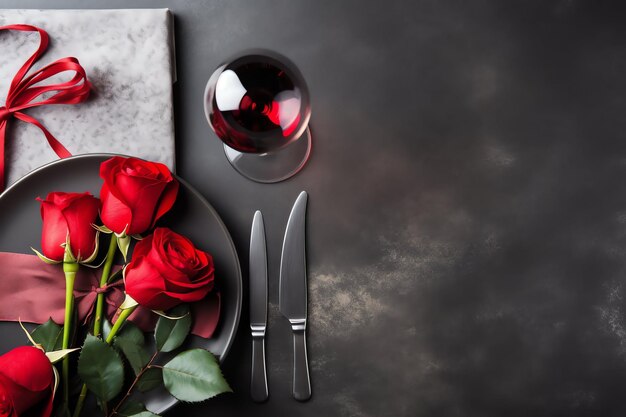Zdjęcie stół urządzony na romantyczną kolację z dwoma szklankami szampana, bukietem czerwonych róż lub świecą