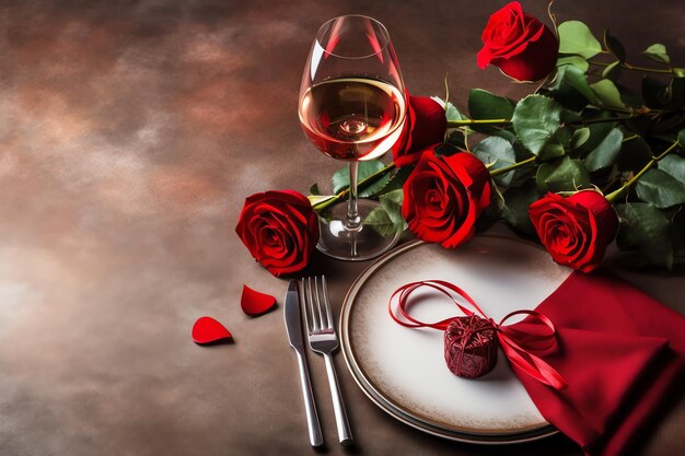 Zdjęcie stół urządzony na romantyczną kolację z dwoma szklankami szampana, bukietem czerwonych róż lub świecą