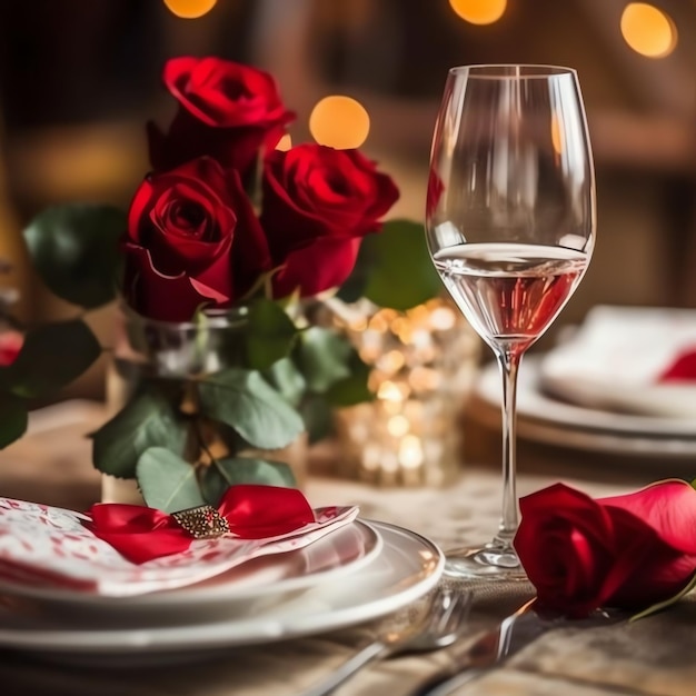 Stół urządzony na romantyczną kolację z dwoma szklankami szampana, bukietem czerwonych róż lub świecą