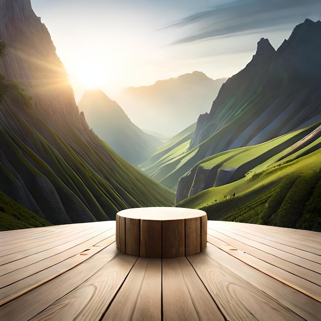 Stół w górskim krajobrazie z zachodzącym za nim słońcem