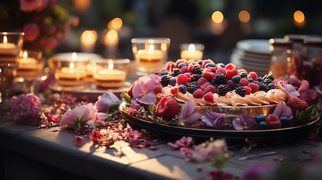 Stół weselny w formie bufetu, impreza, deser, catering na wesele, generatywny Ai