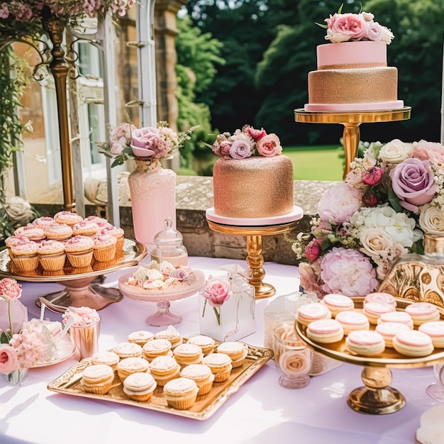 Stół weselny w formie bufetu wydarzenie deser jedzenie catering na przyjęcie weselne i świąteczne ciasta słodycze i desery w wiejskim ogrodzie postprocessed generative ai