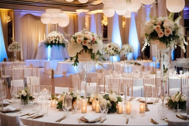 Stół weselny zastawiony kwiatami i świecami