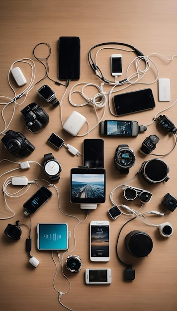 Zdjęcie stół wypełniony różnorodnymi urządzeniami elektronicznymi