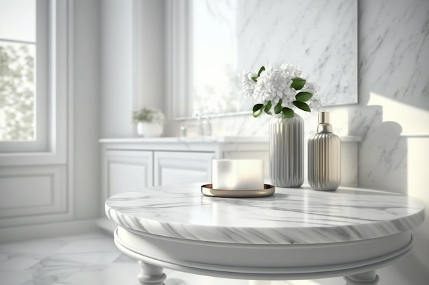 Stół z białego marmuru, a na nim wazon z kwiatami