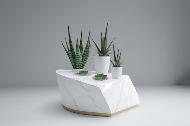 Stół z białego marmuru z trzema zielonymi roślinami.