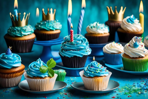 Zdjęcie stół z cupcakes z niebieskim mrożonym cupcake na nim