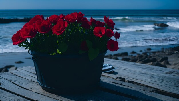 Stół z doniczką z kwiatami na tle oceanu
