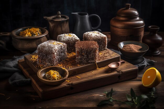 Stół z drewnianą deską z kilkoma ciastkami lamington i miską herbaty na stole