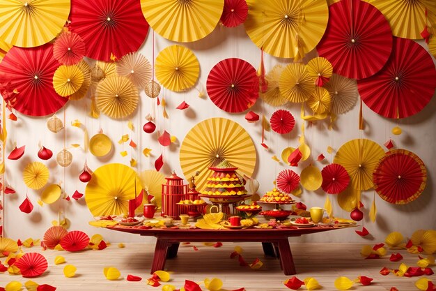 Zdjęcie stół z dużą ilością czerwonych i żółtych fanów papierowych