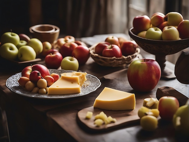 Zdjęcie stół z jabłkami, serem i owocami.