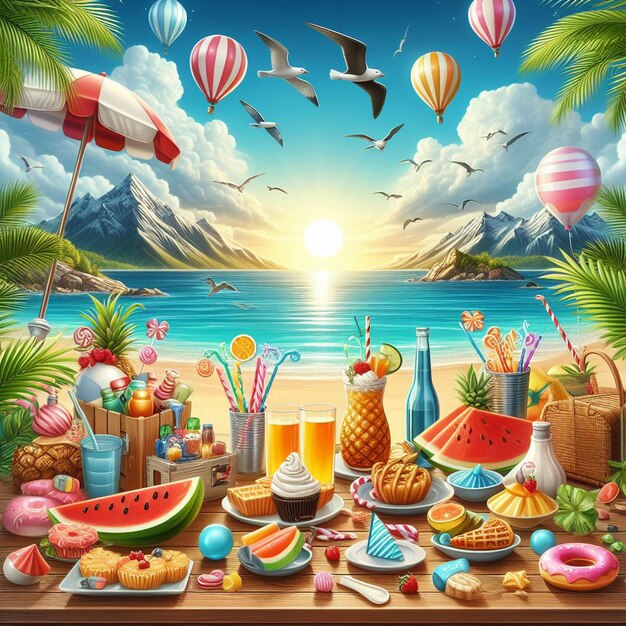 Zdjęcie stół z jedzeniem i scenę na plaży z sceną na plaży i scenę plaży z b