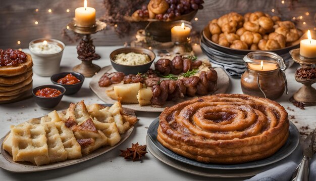 stół z jedzeniem i świecą, na której jest napisane makaron