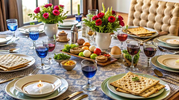 Zdjęcie stół z jedzeniem i szklankami wody na nim i talerz chleba na nim