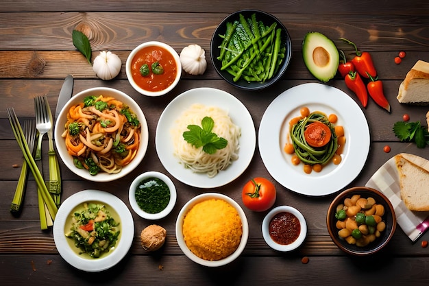stół z jedzeniem, w tym warzywami, ryżem i warzywami.