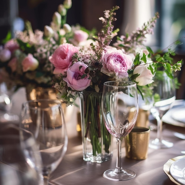 Stół z kieliszkami do wina i kwiatami na nim