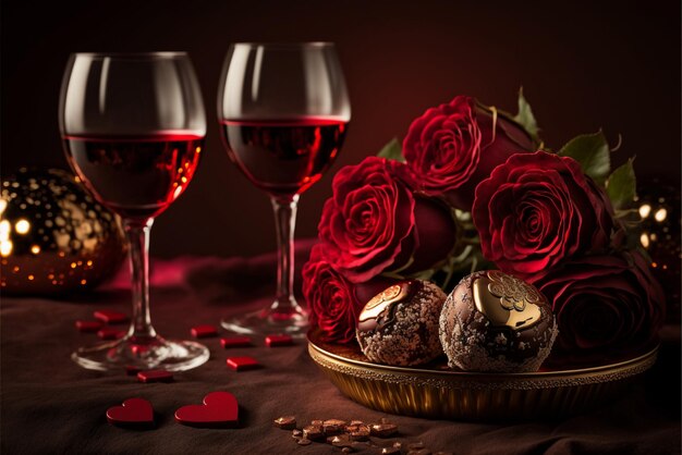 Zdjęcie stół z kieliszkami do wina i różami.