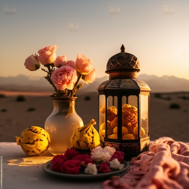 Stół z latarnią, kwiatami i wazonem z kwiatami.