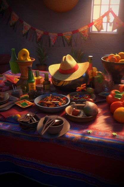 Zdjęcie stół z meksykańskim kapeluszem i stół z jedzeniem