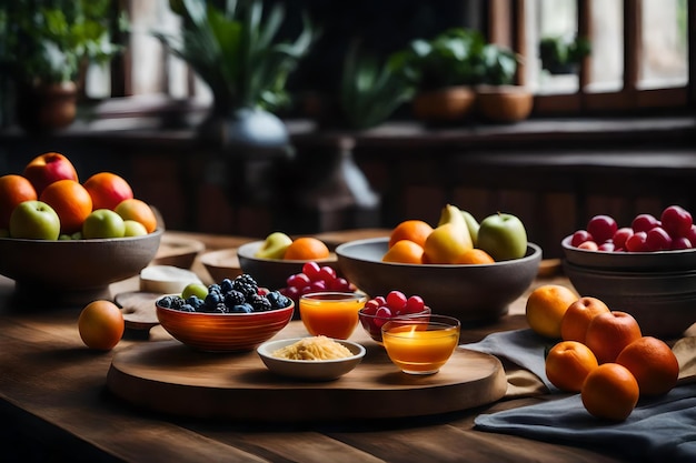 Zdjęcie stół z miskami z jedzeniem i owocami
