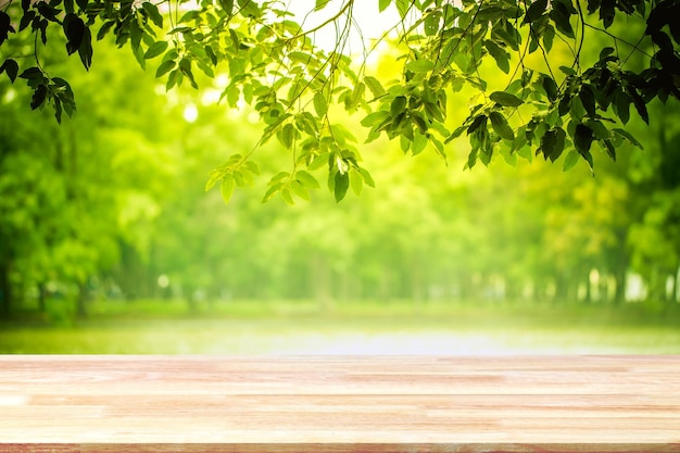 Stół z naturalnego drewna z porannym światłem słonecznym z wiatrem wiejącym liśćmi w parku nad jeziorem Widok z góry na deskę do projektowania wnętrz lub montażu produktu graficznego