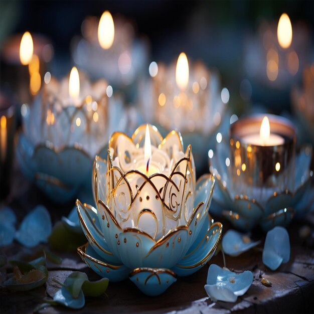 stół z niebieskim kwiatem lotosu i świecą w środku