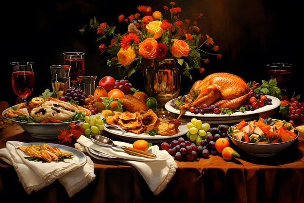 Stół z okazji Święta Dziękczynienia ozdobiony różnorodnymi pysznymi potrawami