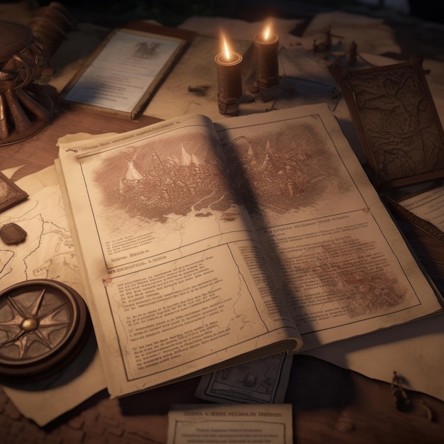 Stół z papierami i mapą z napisem „ostatnie królestwo”.
