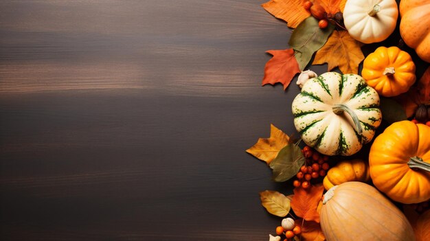 stół z pęczkiem dyń i innymi jesiennymi dekoracjami