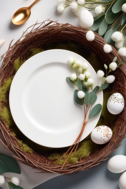 Stół z podawanymi talerzami, serwetkami, sztućcami, jajkami wielkanocnymi w gnieździe ptaków i gałęzi eukaliptusa