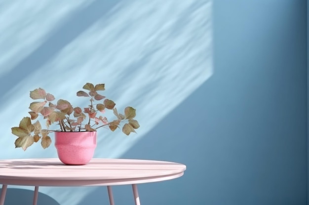 Stół z rośliną w wazonie na tle niebieskiej ściany Generative AI