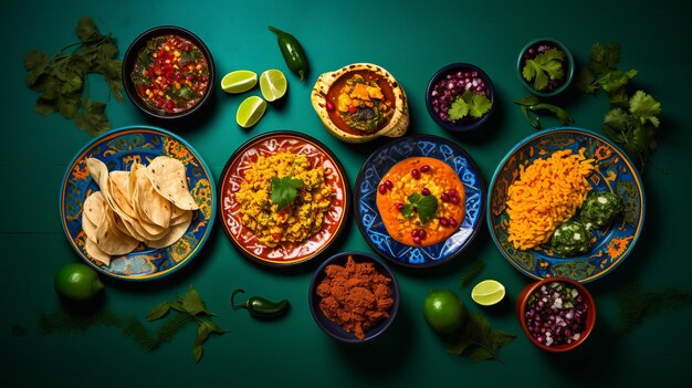 Stół z różnorodnymi meksykańskimi potrawami, w tym tacos, ryżem i fasolą