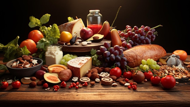 stół z różnorodnymi potrawami, w tym serami, owocami i serami