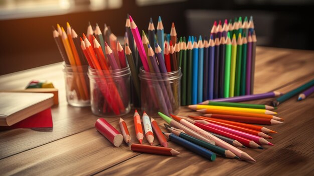Stół z różnymi kolorowymi ołówkami na nim