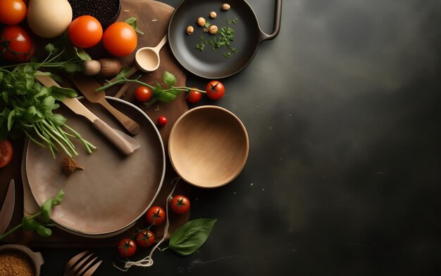 Zdjęcie stół z różnymi warzywami i miską pomidorów.