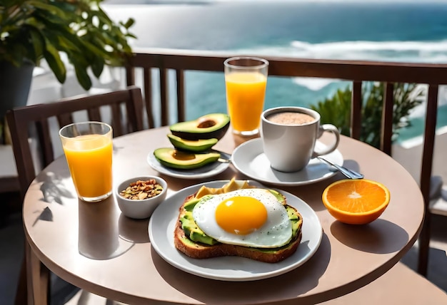 stół z śniadaniem, kawą i widokiem na ocean