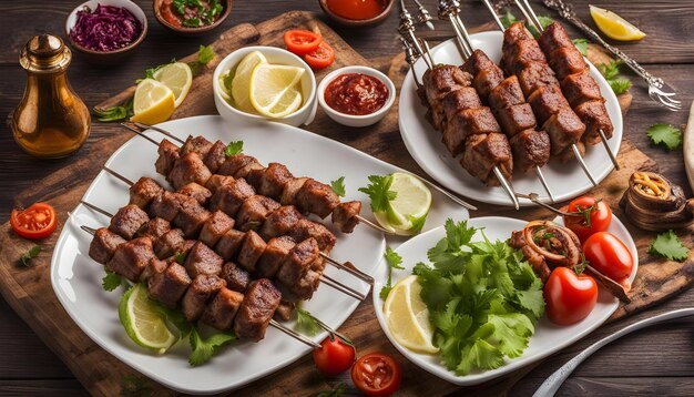 stół z talerzami jedzenia, w tym kebab kebab i cytryna