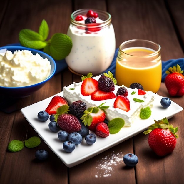Zdjęcie stół z talerzem z jedzeniem i miską jogurtu oraz miską jogurtu.
