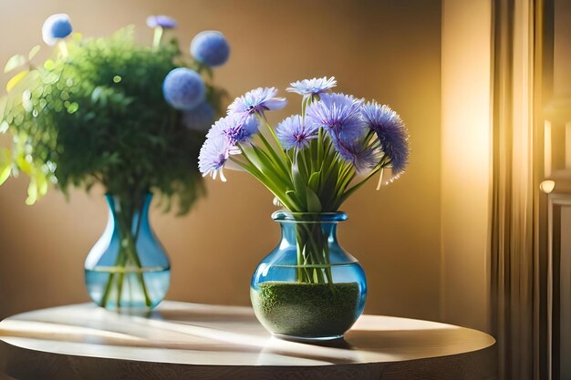 Stół z wazonami z kwiatami i wazon z kwiatami na nim.