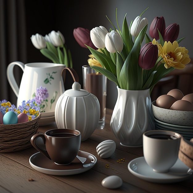 Stół z wazonem z kwiatami i filiżanką kawy na nim.