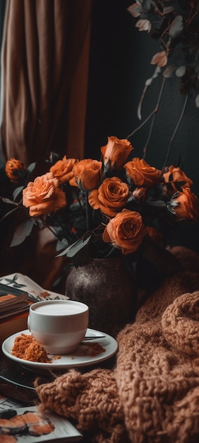 Zdjęcie stół z wazonem z kwiatami i filiżanką kawy