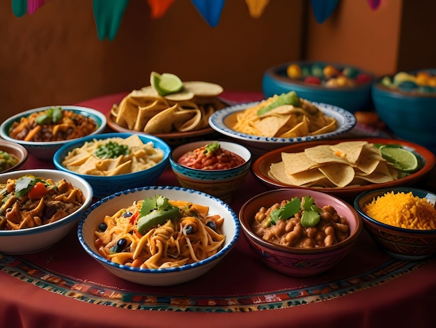 Stół z wieloma różnymi rodzajami potraw, w tym makaronem, meksykańskim jedzeniem