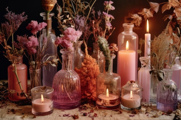 Stół z wieloma szklanymi butelkami i świecznikiem z różowymi kwiatami.