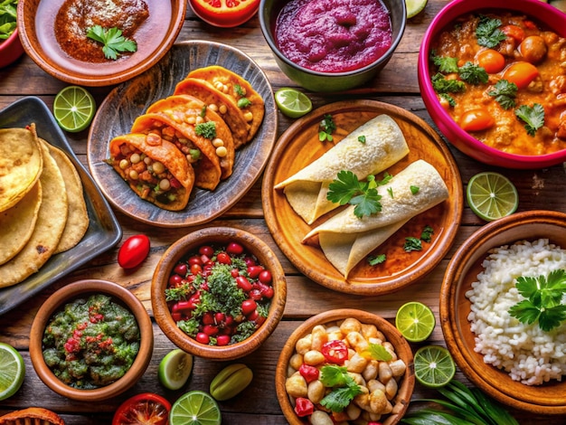 stół z wieloma talerzami jedzenia, w tym ryż guacamole i warzywa