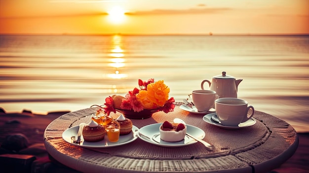 Stół z zestawem do herbaty i imbrykiem z zachodem słońca na plaży w tle